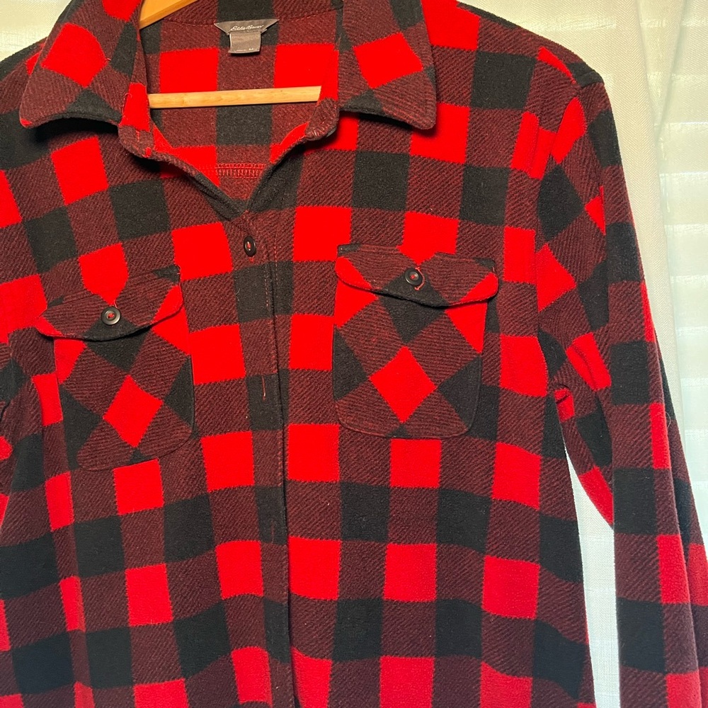 Eddie Bauer Red and Black Plaid Fleece Sweater